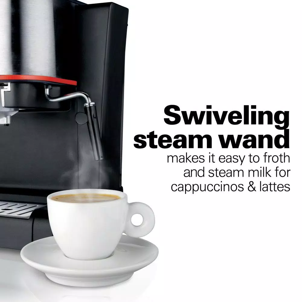 Hamilton Beach 2-Cup Espresso and Cappuccino Maker with Milk Frother, 15 Bar Pump, Black/Stainless Steel