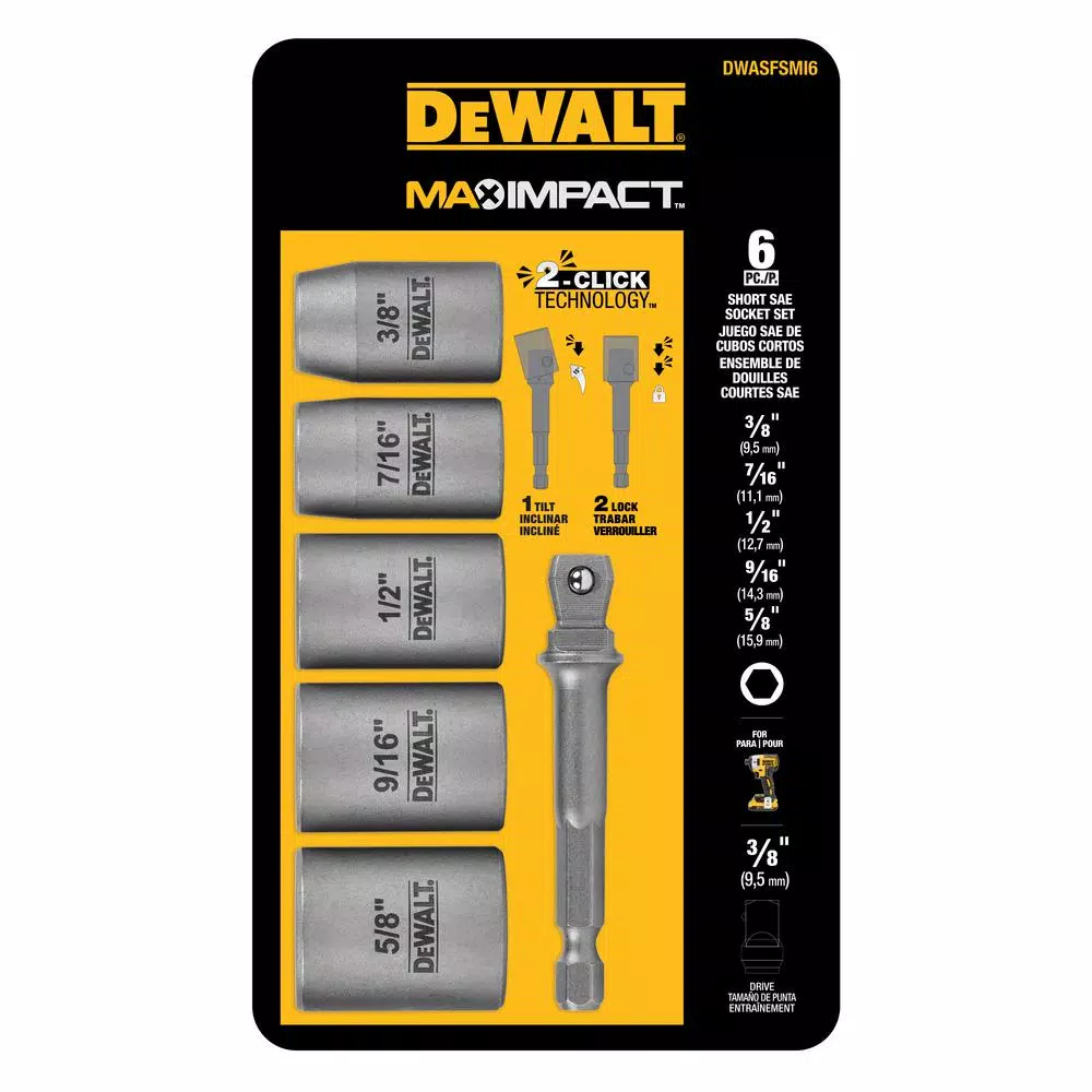 DEWALT MAX Impact 3/8 in. Carbon Steel Socket Set with 1/4 in. Adapter, 6-Piece