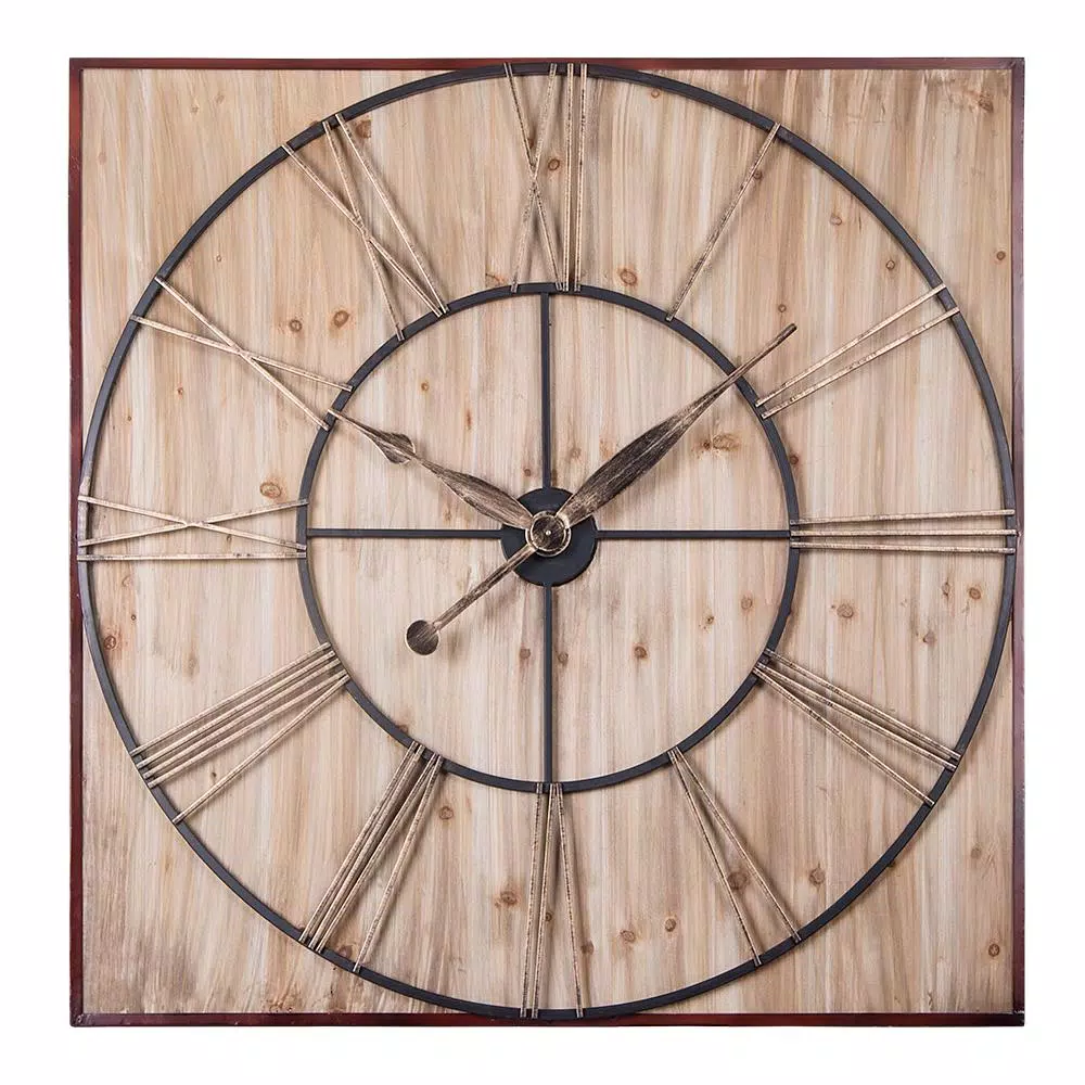 Utopia Alley 47" Oversized Roman Square Wall Clock, Rustic Wood & Metal Finish