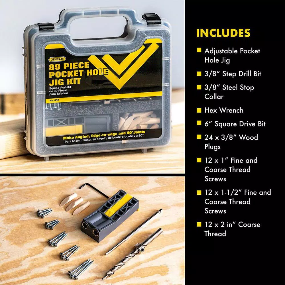 General Tools Pocket Hole Jig Kit with Screws and Dowels, 89-Piece Set