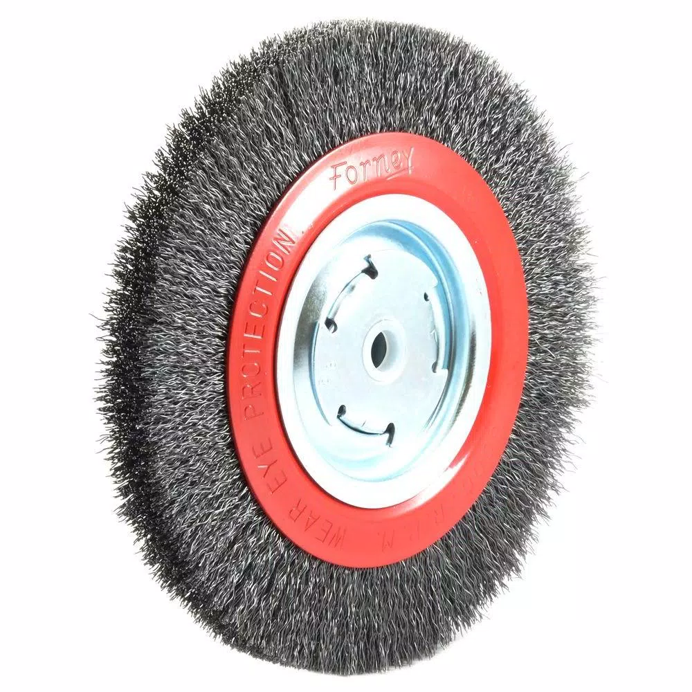 Forney 8 in. Wide Face Crimped Wire Bench Wheel Brush, 1/2 in. and 5/8 in. Arbor