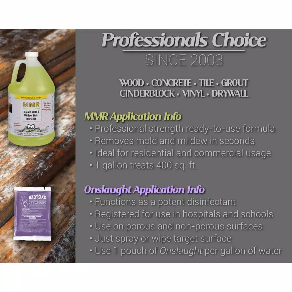 MMR Mold & Mildew Stain Remover (1 Gal) & Onslaught Disinfectant (2 oz Concentrate) 2-Step Combo Pack