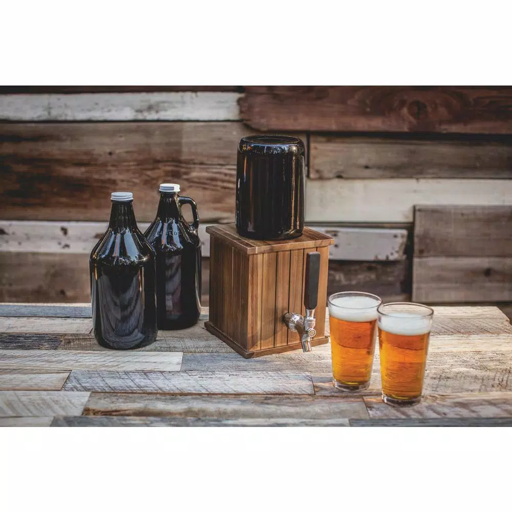 Picnic Time Growler Tap Beverage Dispenser with 64 oz. Amber Glass Growler and Acacia Wood Base