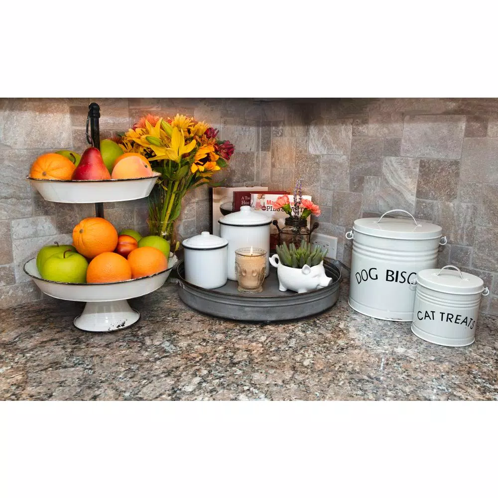 3R Studios White Ceramic Enameled Pet Treat Containers, Farmhouse Style, Set of 2