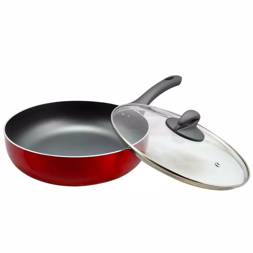 Oster Herscher 3.5 qt. Aluminum Nonstick Saute Pan with Glass Lid, Red Gloss