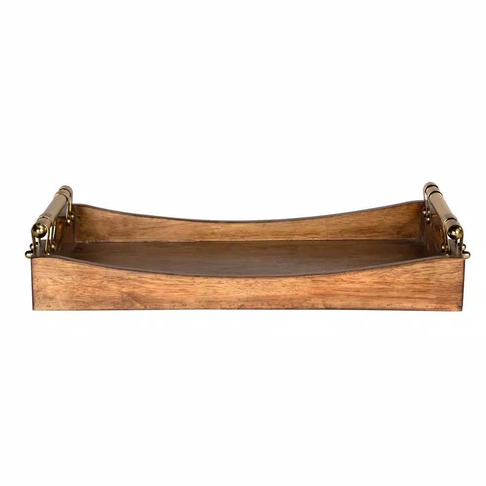Kate and Laurel Ormond Brown Decorative Walnut Wood Tray with Polished Gold Metal Handles