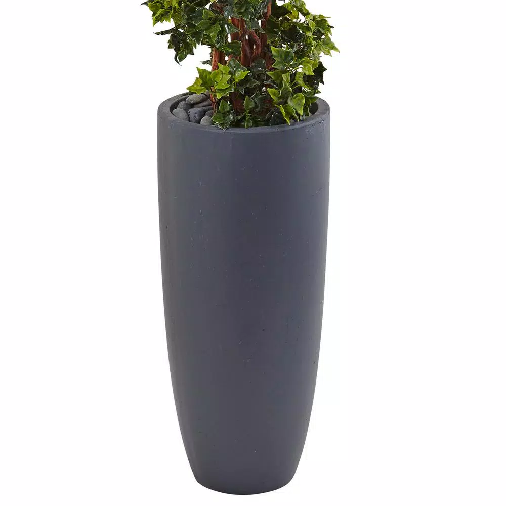 Nearly Natural 5 ft. Artificial English Ivy Spiral Topiary Tree in Gray Cylinder Planter, UV Resistant