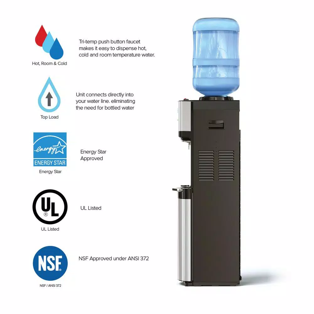 Brio Essential Series Top Loading Water Cooler Dispenser, Tri-Temp Hot, Cold & Room Temp, Stainless Steel