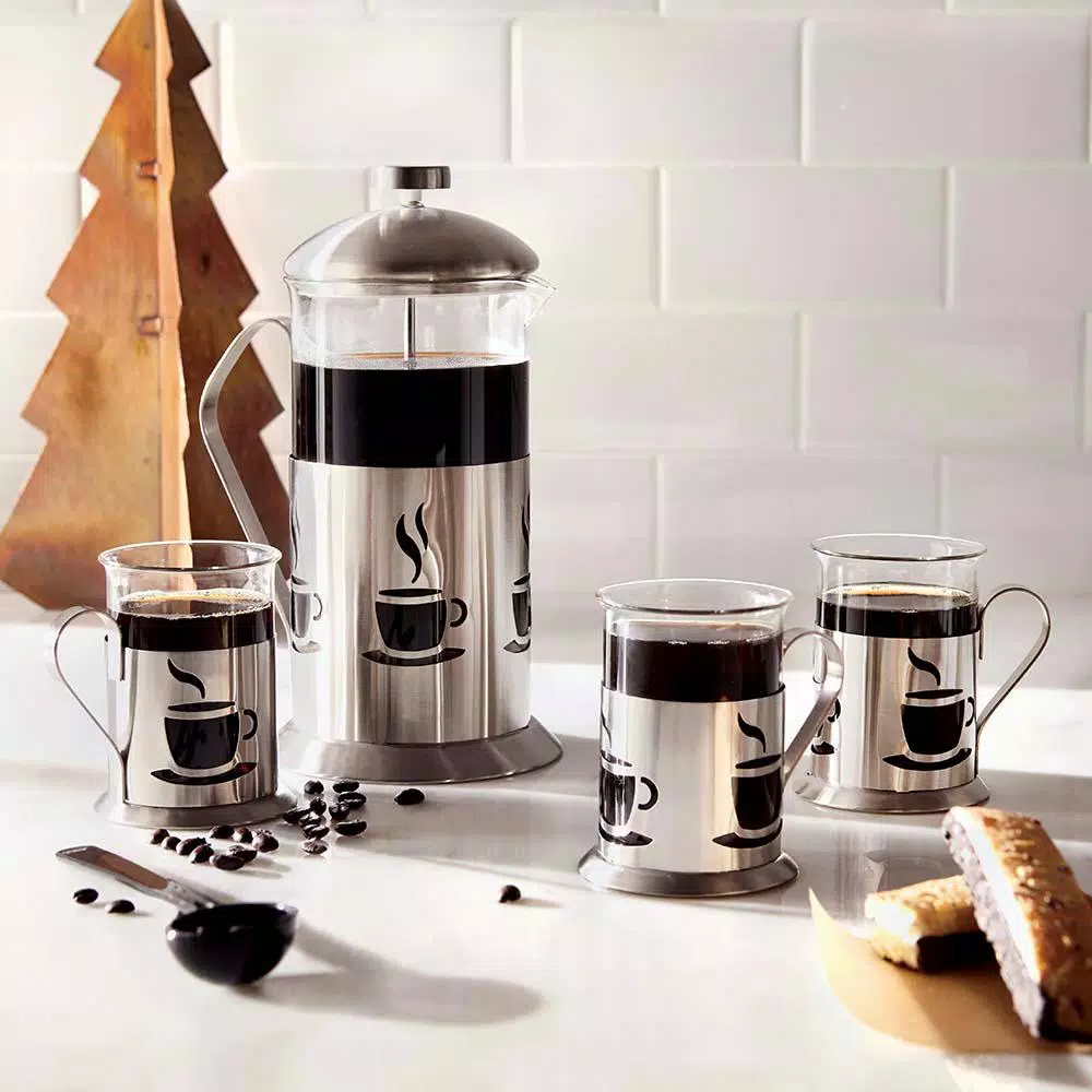 BergHOFF 5-Piece French Press Coffee Set with 32 oz. Stainless Steel Plunger and 4 Matching Glasses