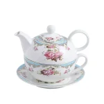 MALACASA Elegant Porcelain Tea Set for One - 3 Piece Teapot, Teacup and Saucer Set, White with Pattern thumbnail 1