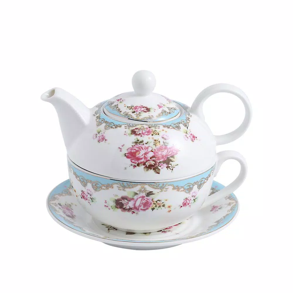 MALACASA Elegant Porcelain Tea Set for One - 3 Piece Teapot, Teacup and Saucer Set, White with Pattern