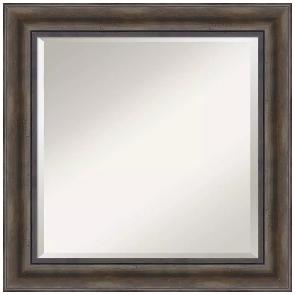 Amanti Art 25 in. Square Rustic Dark Brown Distressed Wood Framed Beveled Edge Bathroom Vanity Mirror