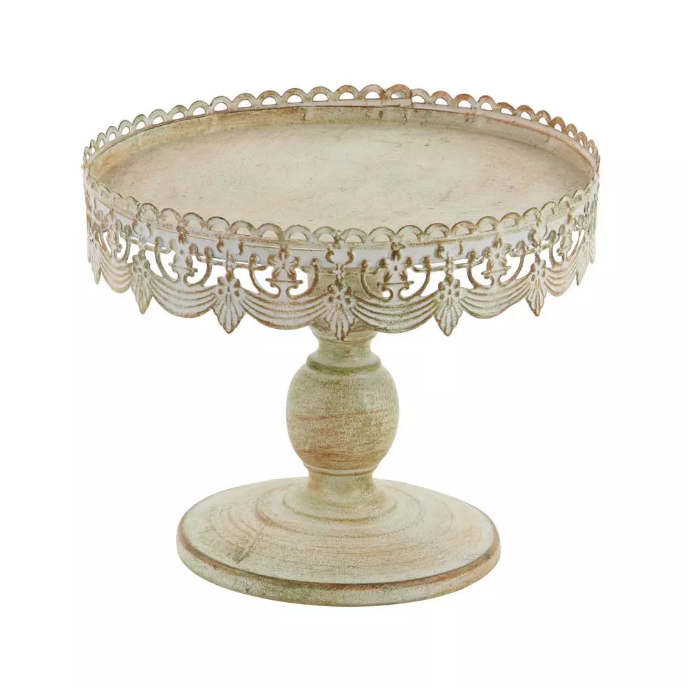 LITTON LANE 10 in. Round Whitewashed and Rust Brown Iron Cake Stand with Pierced Floral Bunting