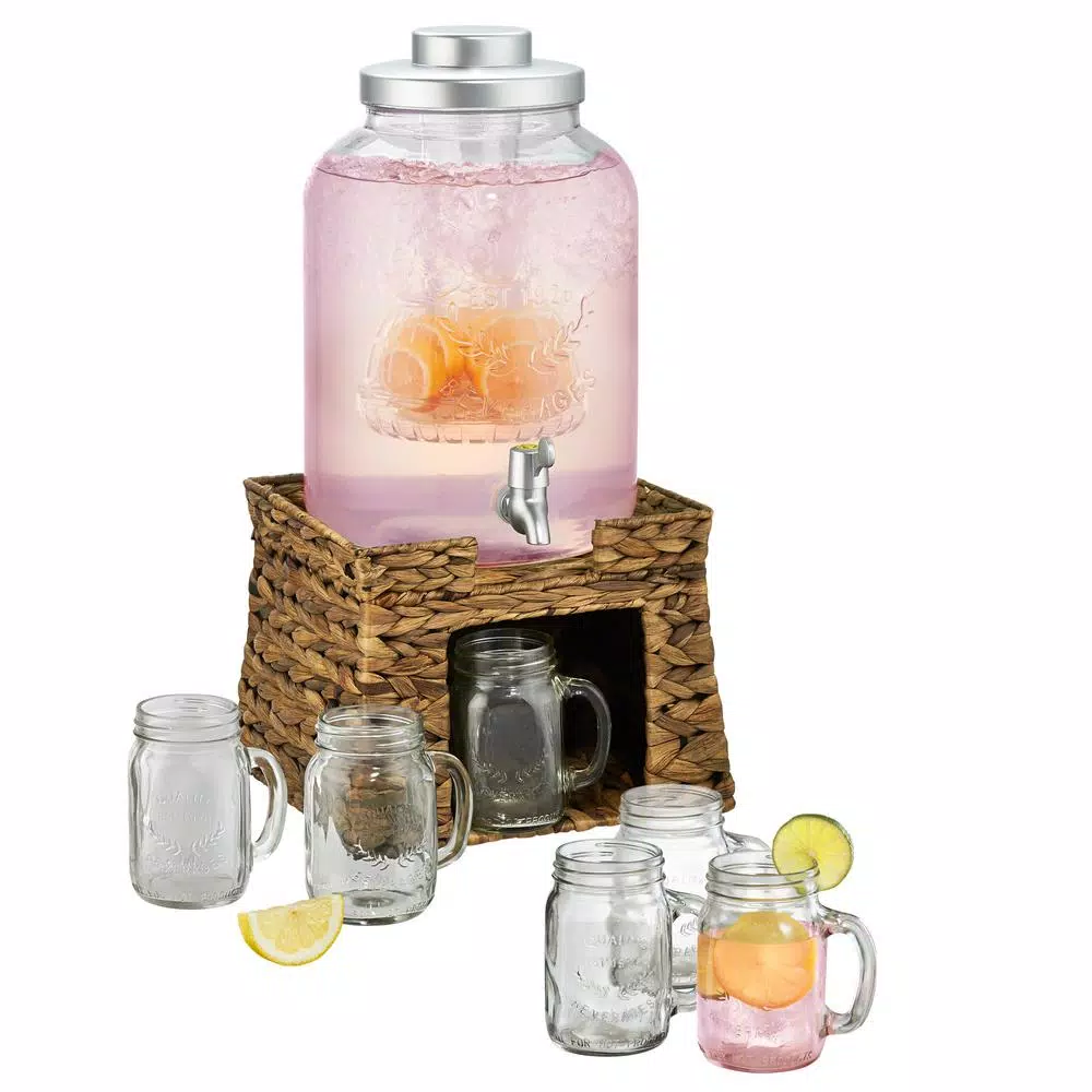 Artland Garden Terrace 3 Gal. Glass Beverage Dispenser Set with Water Hyacinth Stand and 6 Mason Jar Mugs
