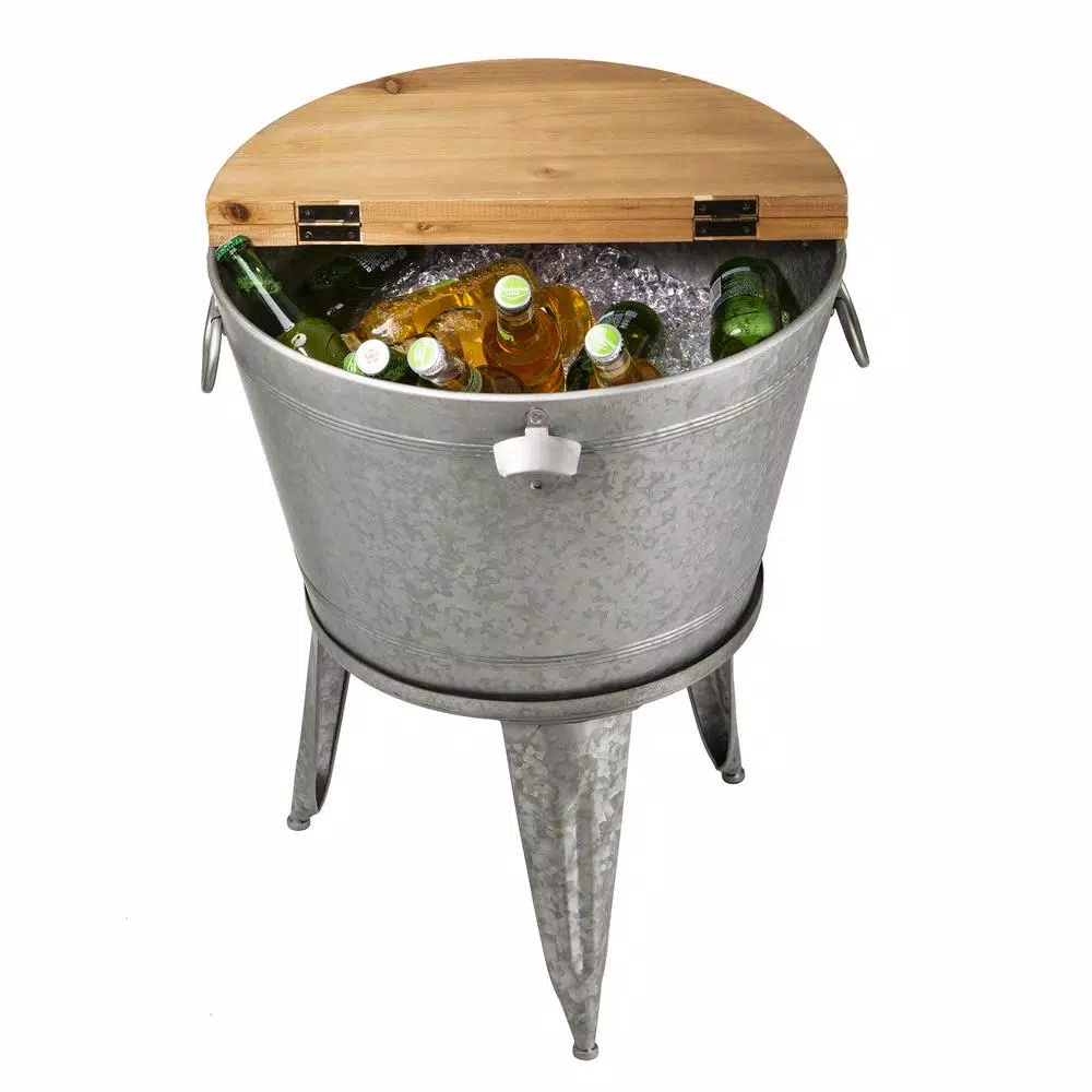 Glitzhome 26.29 in. Gray Galvanized Metal Beverage Tub with Firwood Lid and Metal Stand