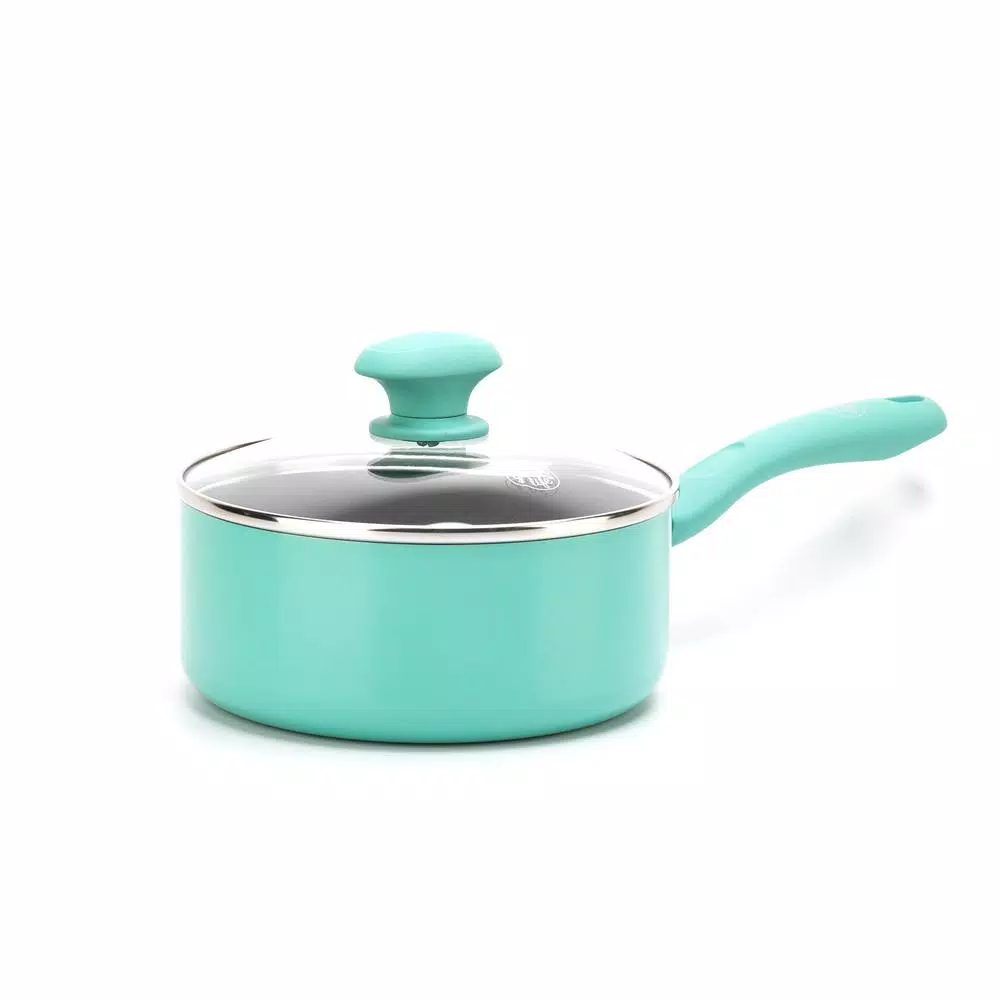 GreenLife Diamond 2.5 qt. Aluminum Ceramic Nonstick Sauce Pan with Glass Lid, Turquoise
