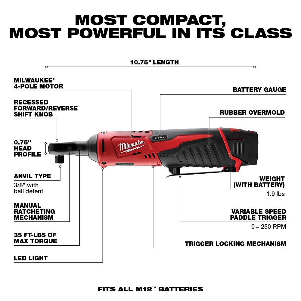 Milwaukee M12 12V Cordless 3/8 in. Ratchet Kit with 1.5 Ah Battery, Charger and Tool Bag