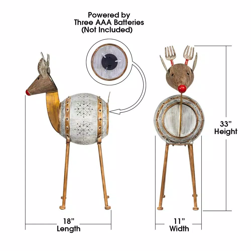 Alpine Corporation 33 in. Metal Barrel Reindeer Sculpture with Warm White LED Lights