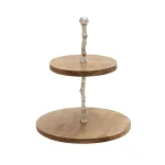 LITTON LANE 2-Tiered Round Mango Wood and Aluminum Tray Stand, Oak Finish thumbnail 3