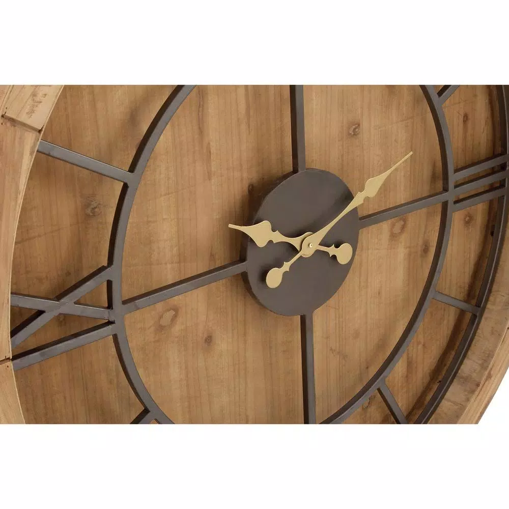 LITTON LANE 40 in. Rustic Round Cypress Wood Wall Clock with Roman Numerals