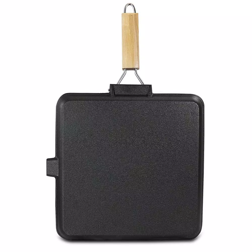 General Store Addlestone 14 in. Square Cast Iron Grill Pan with Foldable Wooden Handle, Black