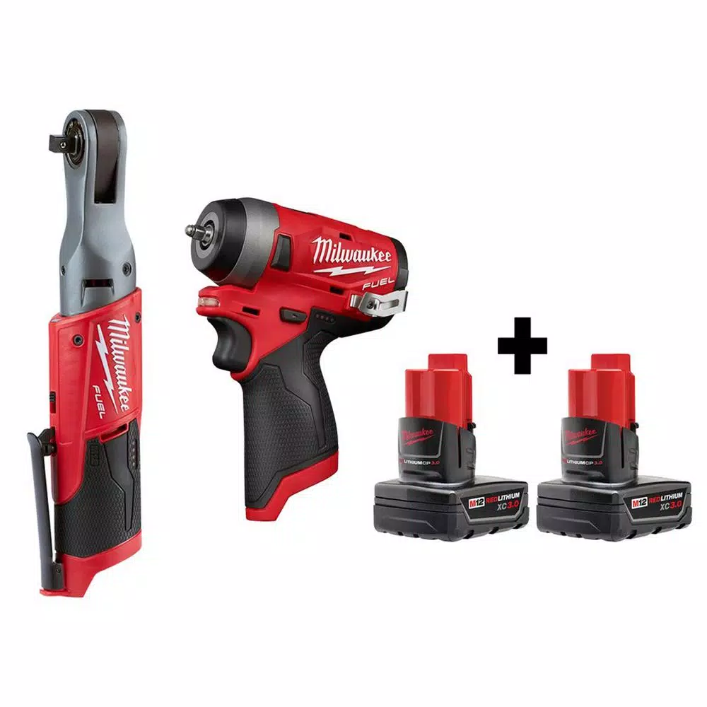Milwaukee M12 FUEL 12V Cordless 3/8 in. Ratchet & 1/4 in. Stubby Impact Wrench Combo Kit with (2) 3.0 Ah Batteries
