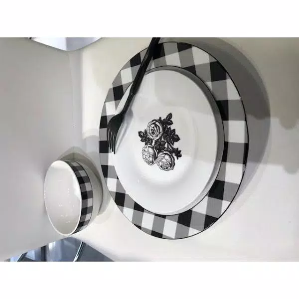 Godinger Damier 12-Piece Porcelain Dinnerware Set, Black and White Checkerboard Design, Service for 4
