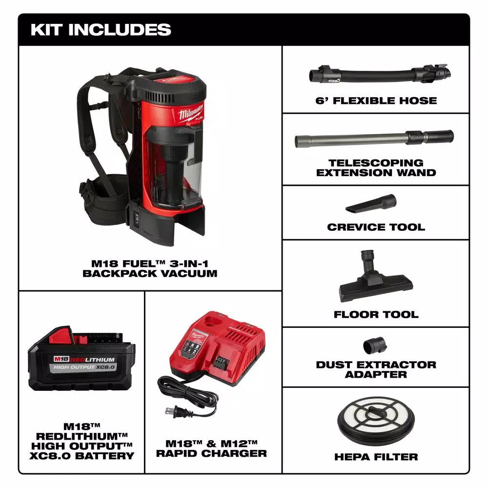 Milwaukee M18 FUEL 18V Lithium-Ion 3-in-1 Backpack Vacuum Kit with 8.0 Ah Battery and Rapid Charger