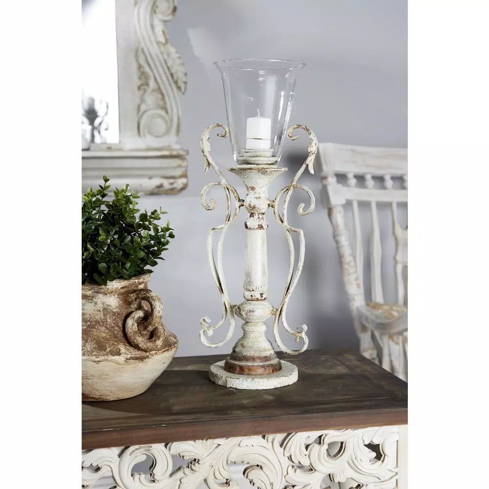 LITTON LANE Distressed White Wood, Glass and Metal Hurricane Candle Holder