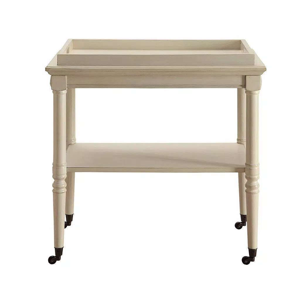Benjara Antique White Wooden Serving Tray Table with 2-Tier Storage and Casters