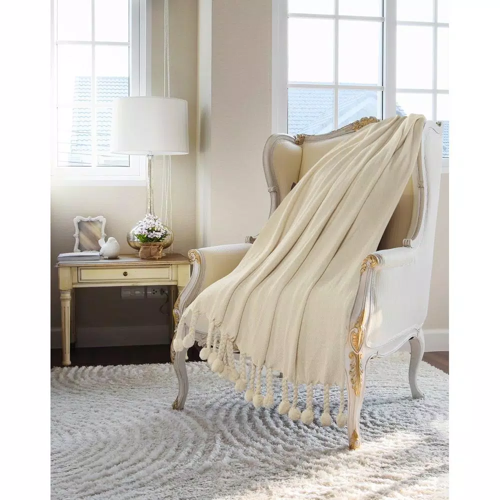 LR Home Cream Cotton Chevron & Herringbone Embroidered Braided Throw Blanket