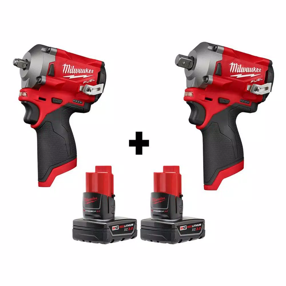 Milwaukee M12 FUEL 12V Brushless Cordless Stubby Impact Wrench Combo Kit (3/8 in. & 1/2 in.) with Two 3.0 Ah Batteries