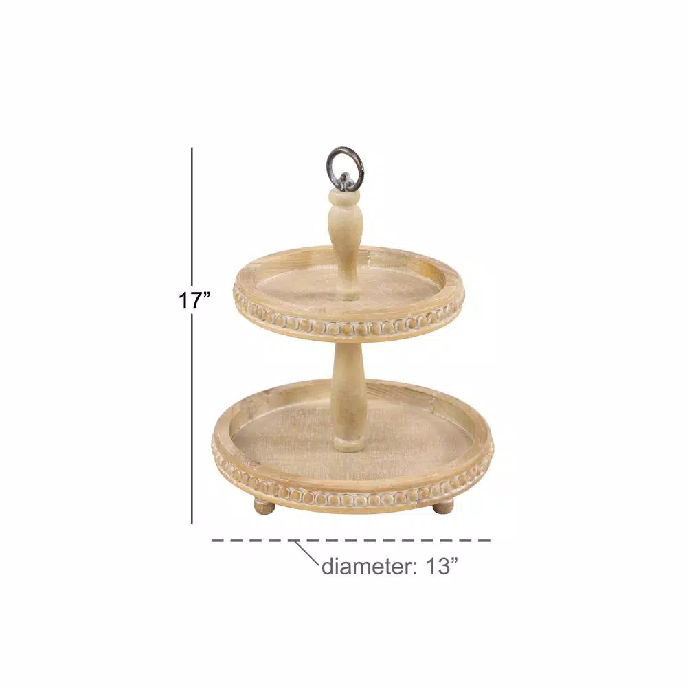 LITTON LANE Tall Natural Beige Birch Wood 2-Tier Round Serving Tray Stand with Wood Bead Accents