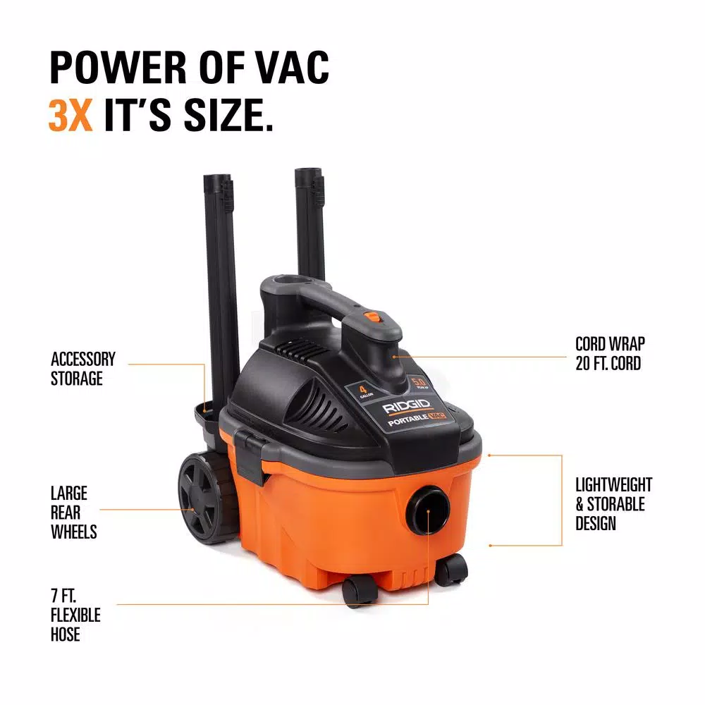 RIDGID 4 Gal. 5.0-Peak HP Portable Wet/Dry Shop Vacuum with Hose and Accessories