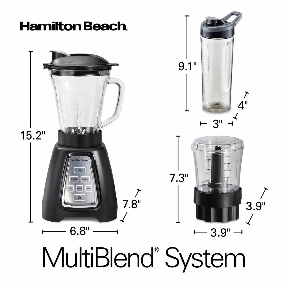 Hamilton Beach MultiBlend 950W 6-Speed Blender System with 52 oz. Glass Jar, Food Chopper, and Travel Jar