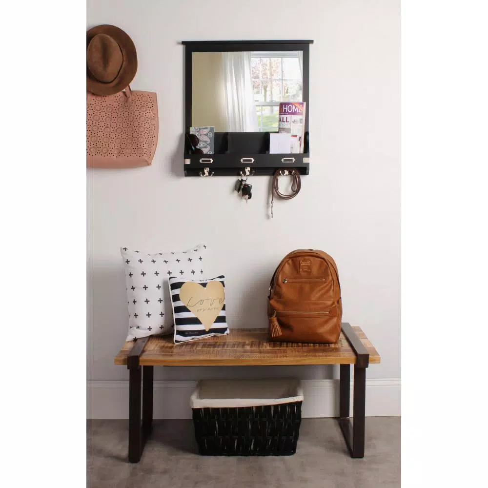 Kate and Laurel Stallard Black Multi-Function Wall Mirror Memo Board with Hooks and Pockets