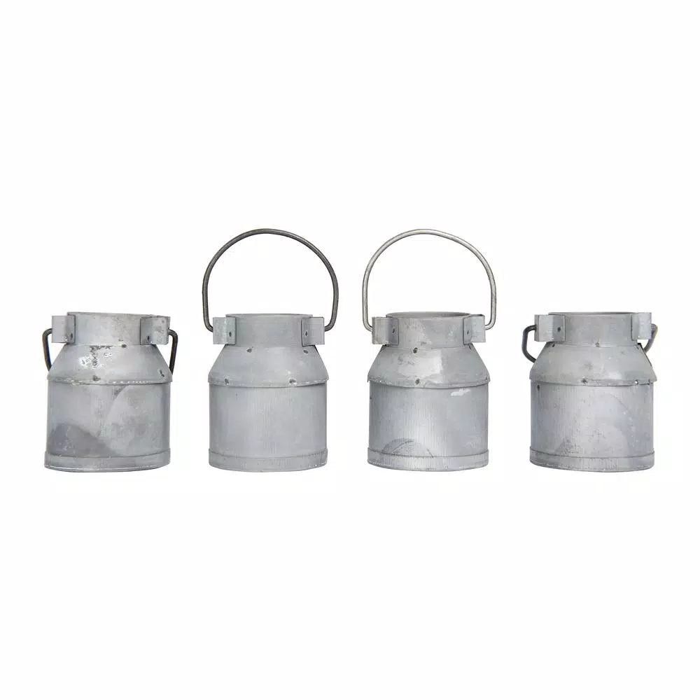 3R Studios Silver Galvanized Metal Vintage Milk Can Shaped Napkin Rings, Set of 4