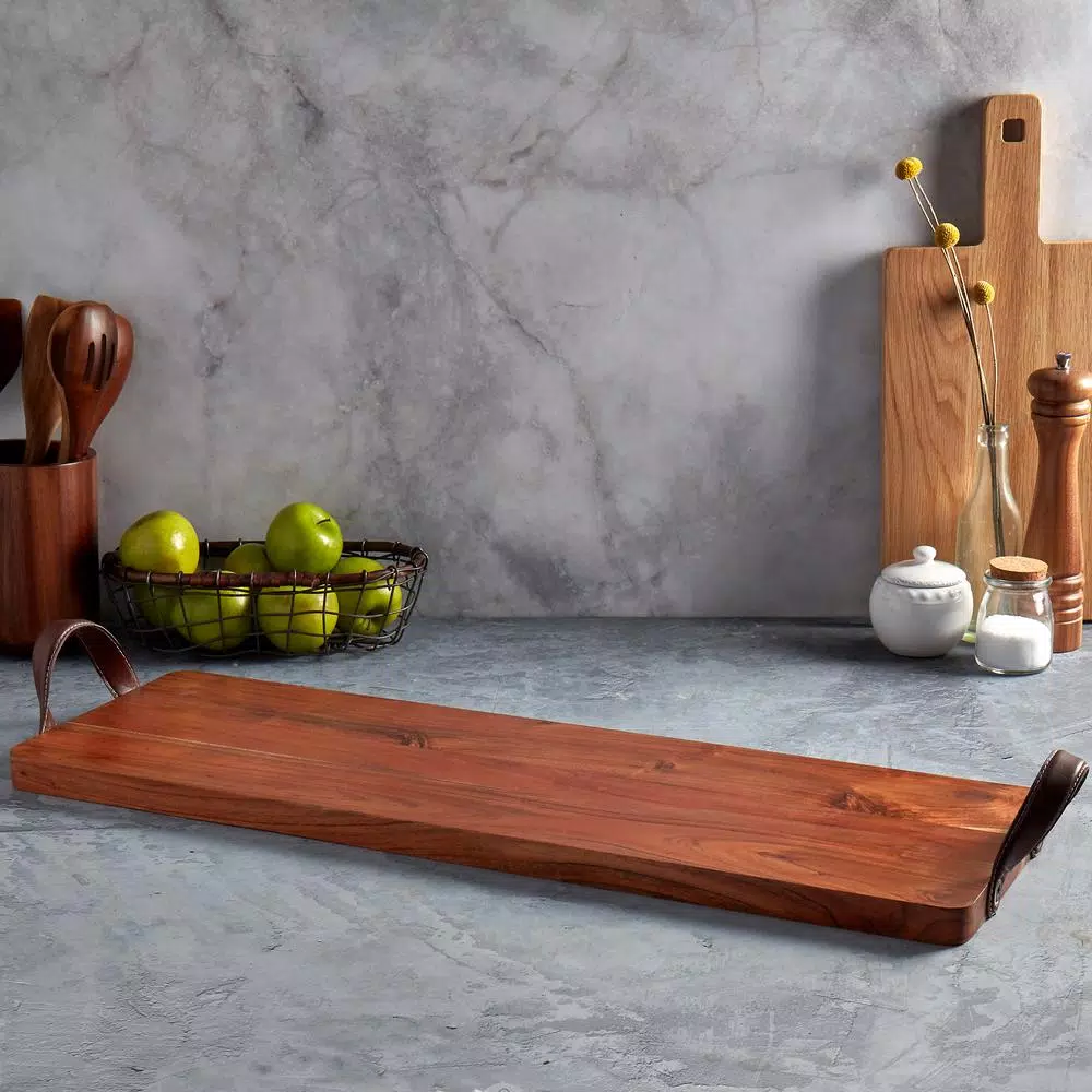 Mason Craft & More 33 in. Acacia Wood Serving Tray with Faux Leather Handles