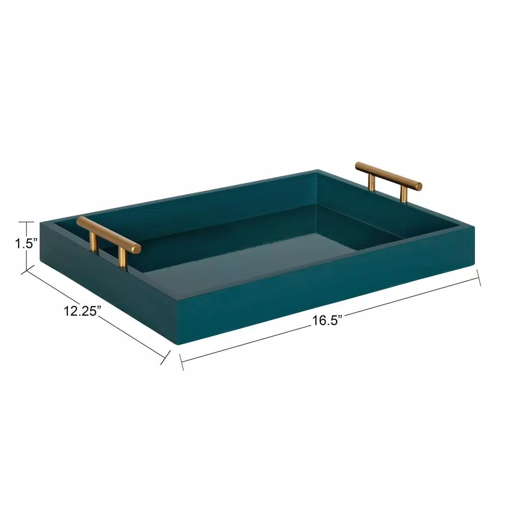 Kate and Laurel Lipton Teal Decorative Mid-Century Modern Tray with Gold Metal Handles