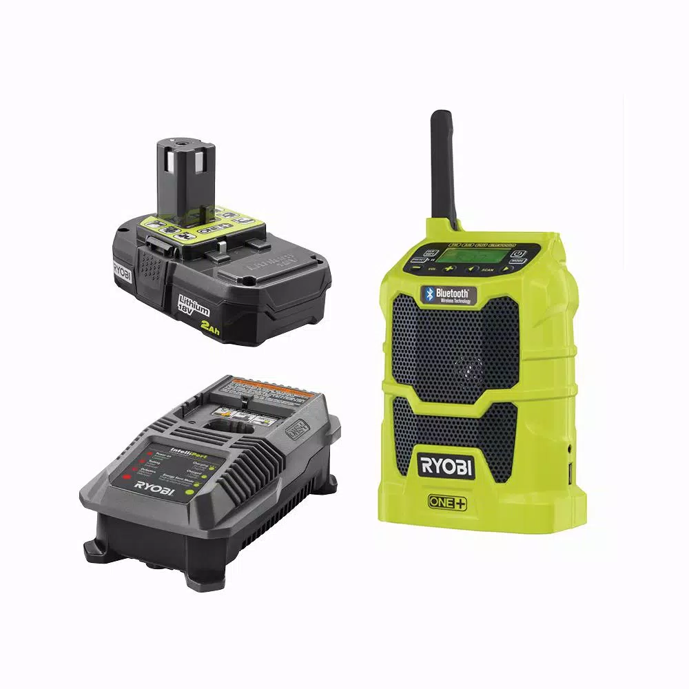 RYOBI 18V ONE+ Cordless Compact Radio Bluetooth Kit with 2.0 Ah Battery and IntelliPort Charger