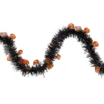 Northlight 50 ft. Black and Orange Jack O Lantern Halloween Tinsel Garland, Unlit thumbnail 1