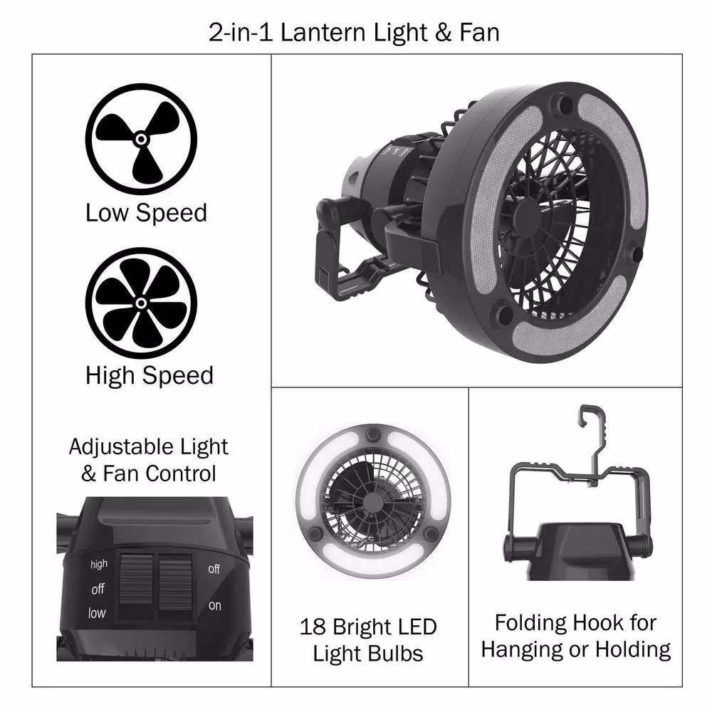 Wakeman Outdoors 2-in-1 LED Camping Lantern and Ceiling Fan, Black