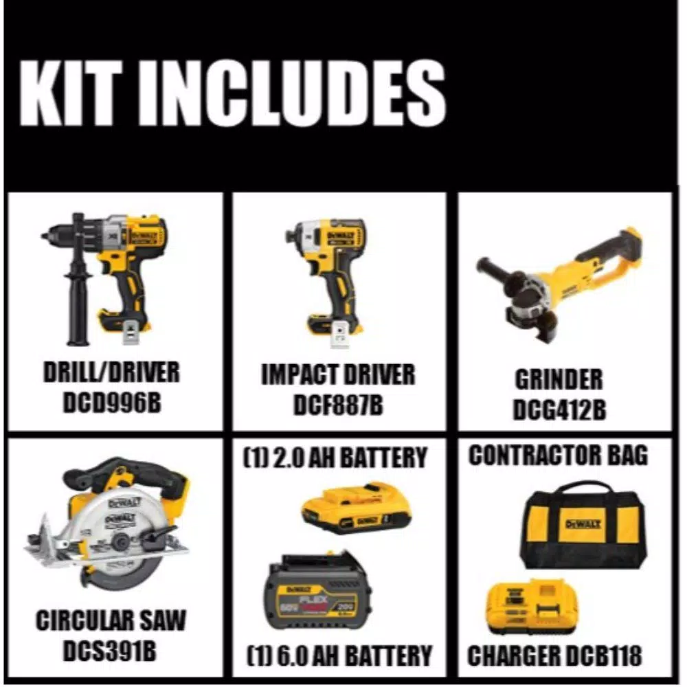 DEWALT 20V MAX XR Brushless 4-Tool Combo Kit with FLEXVOLT 6.0Ah & 2.0Ah Batteries