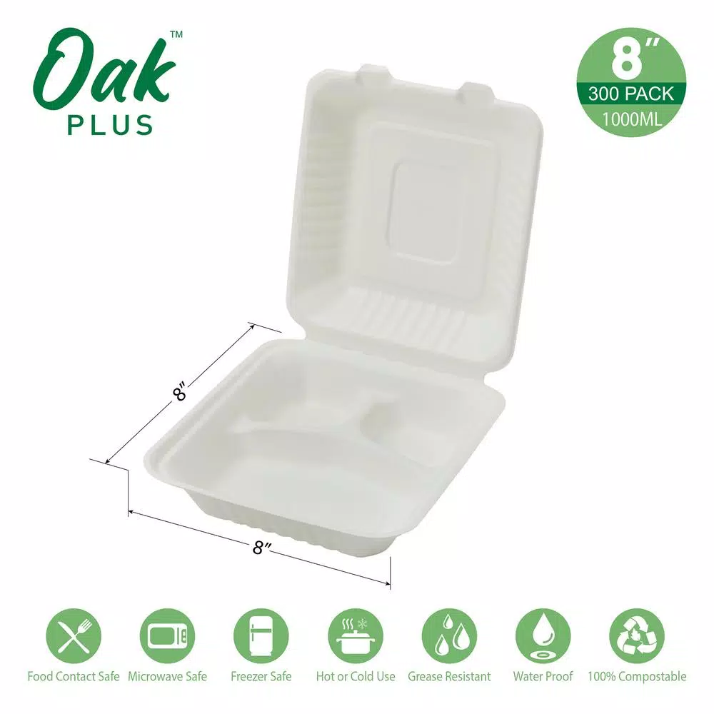 Unbranded 8 in. White Sugarcane 3-Compartment Sectional Clamshell Containers, 300 Pack