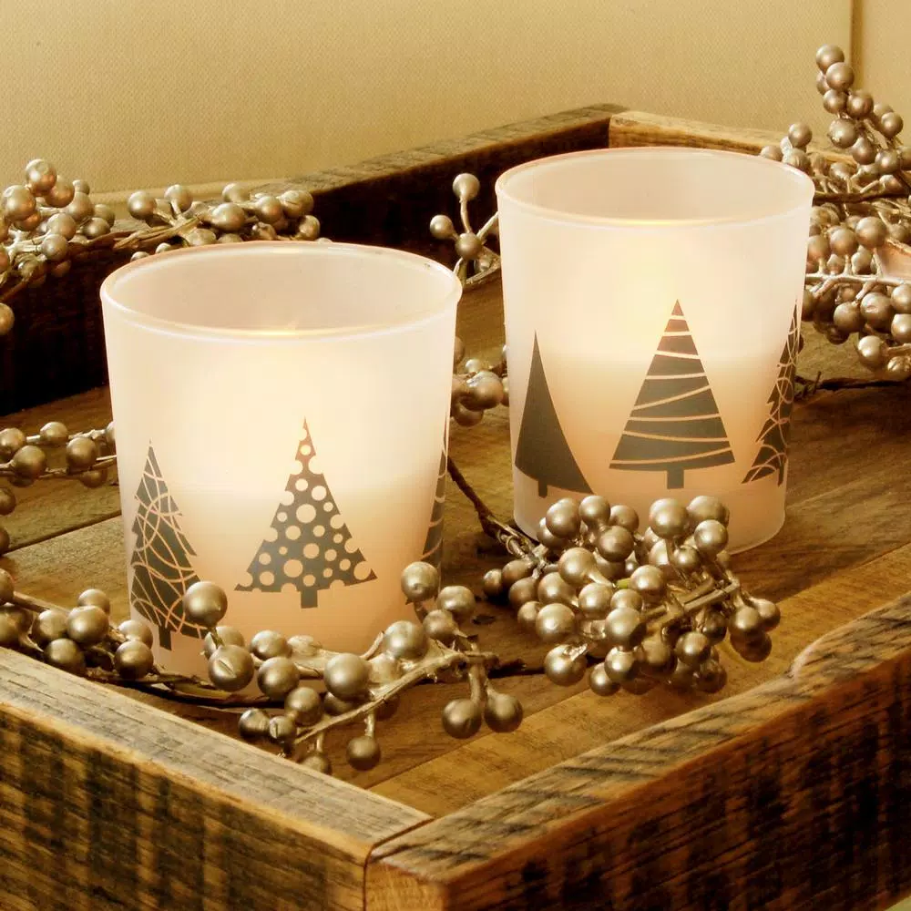 LUMABASE Christmas Trees Silver LED Battery Operated Glass Candles, Set of 2