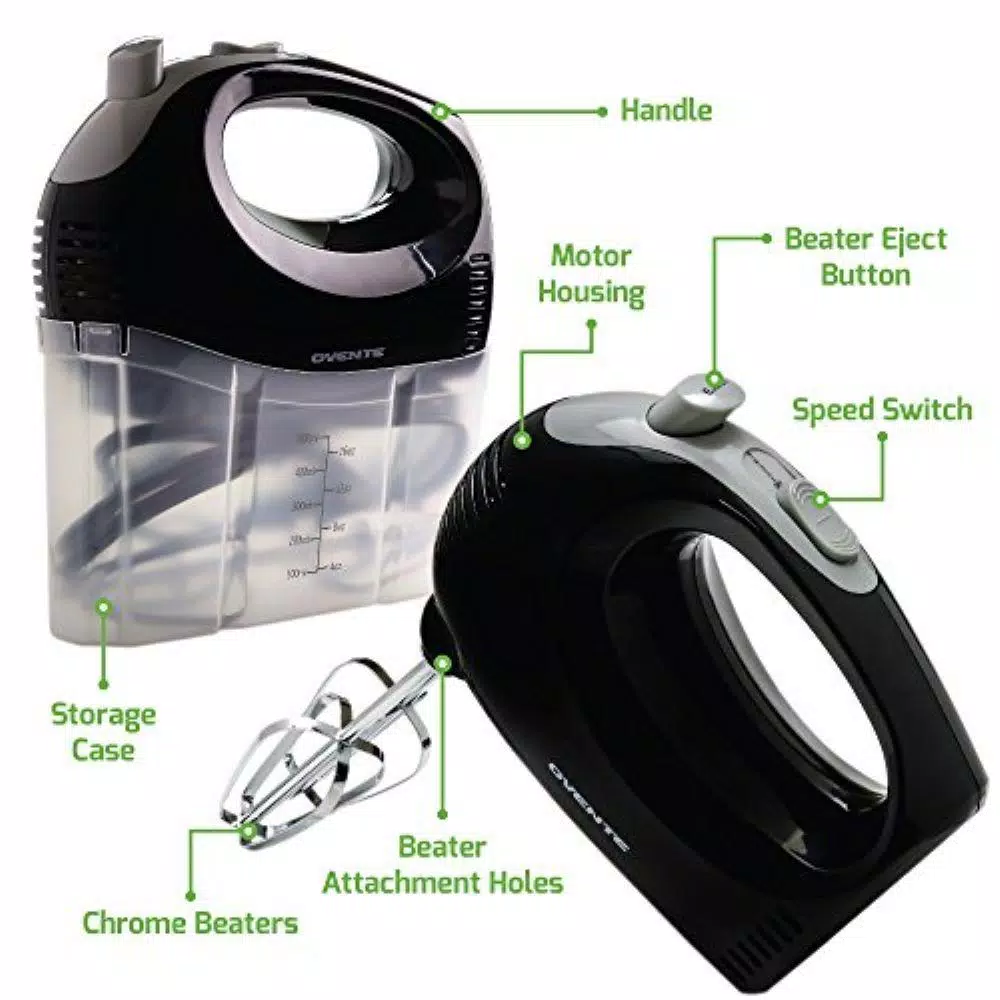 Ovente 5-Speed Ultra Power Hand Mixer with Storage Case, 150W, Black