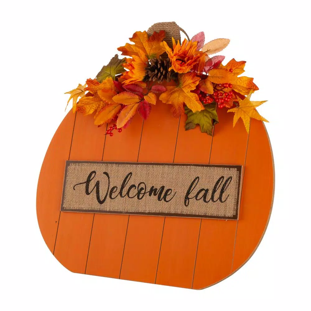 Glitzhome 20.28 in. Wooden Fall Pumpkin Decor with Floral Accents - Standing or Hanging