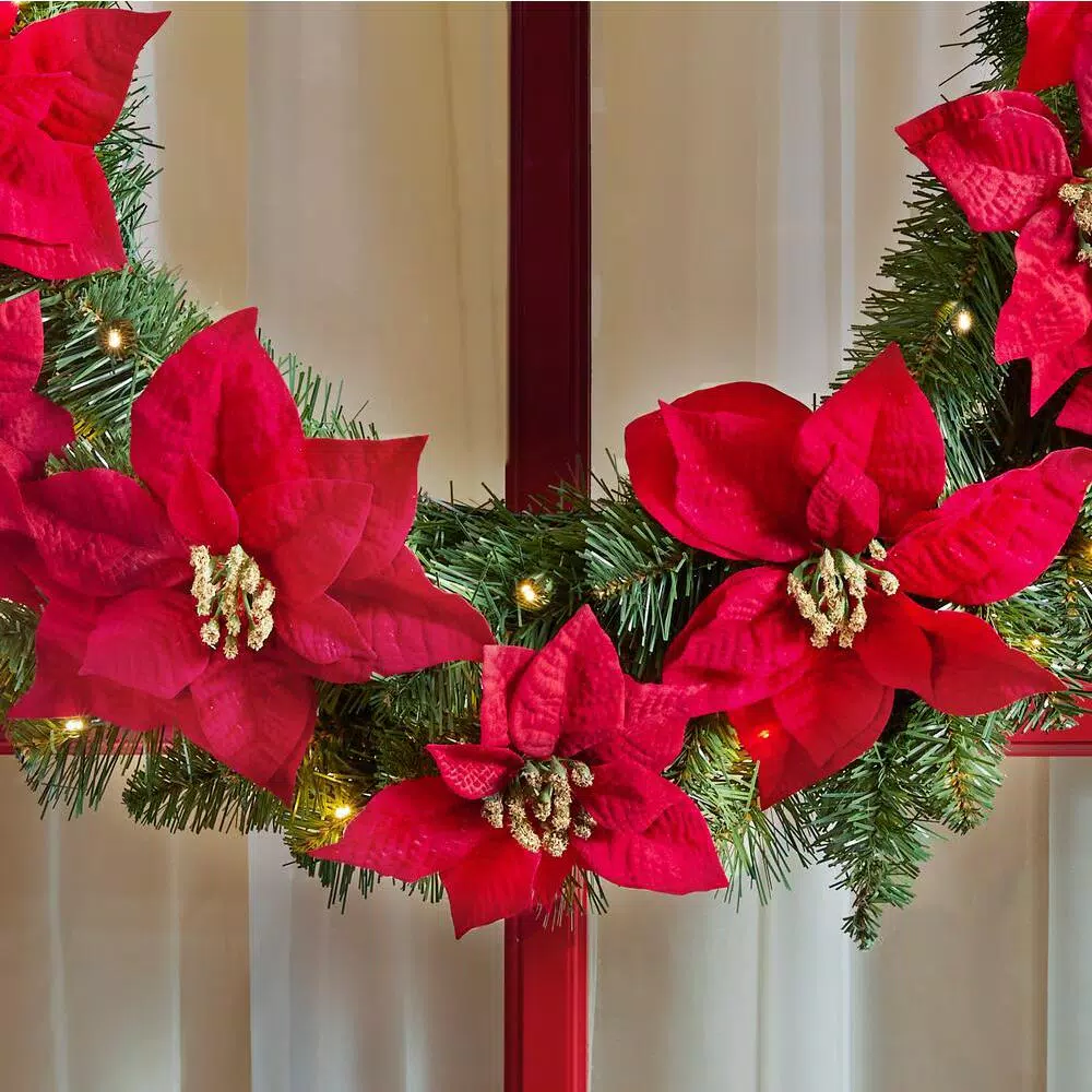 Home Accents Holiday 30 in. Berry Bliss Pre-Lit LED Artificial Christmas Wreath with Red Poinsettias