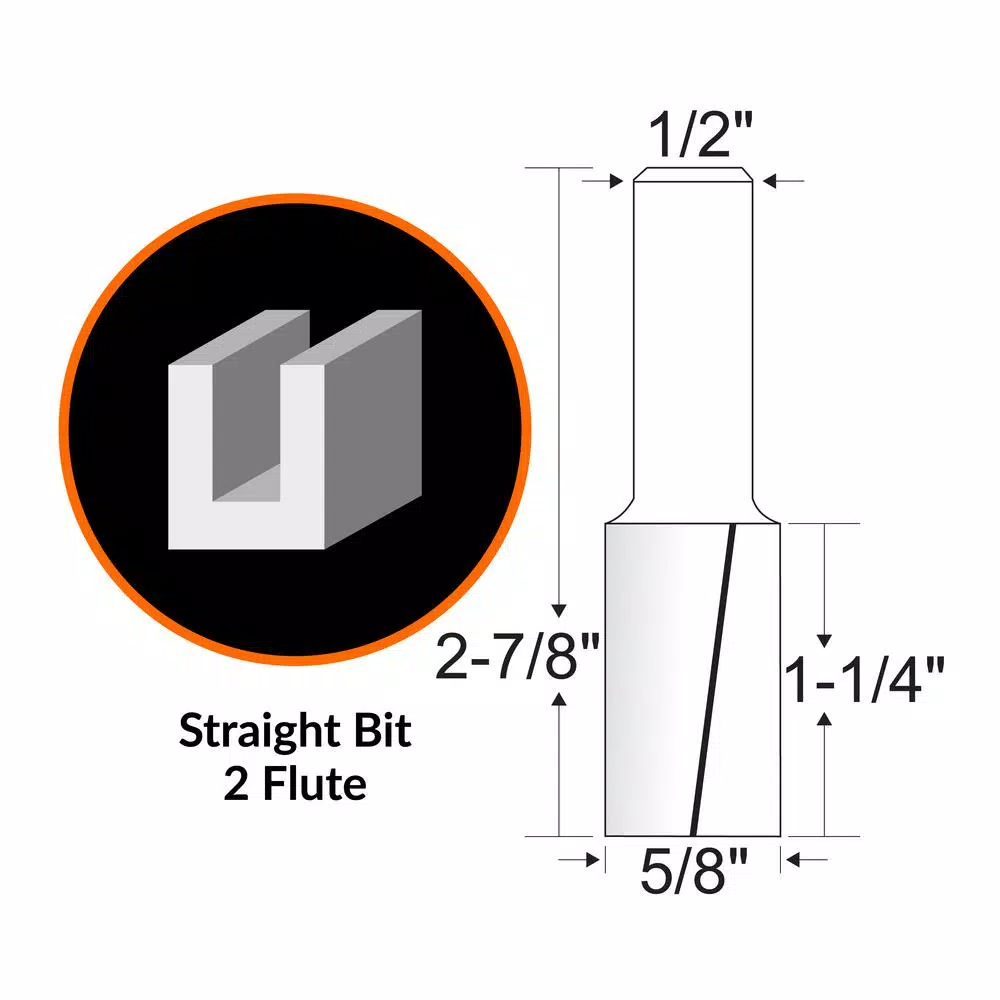 WEN 5/8 in. Straight 2-Flute Carbide Tipped Router Bit, 1/2 in. Shank