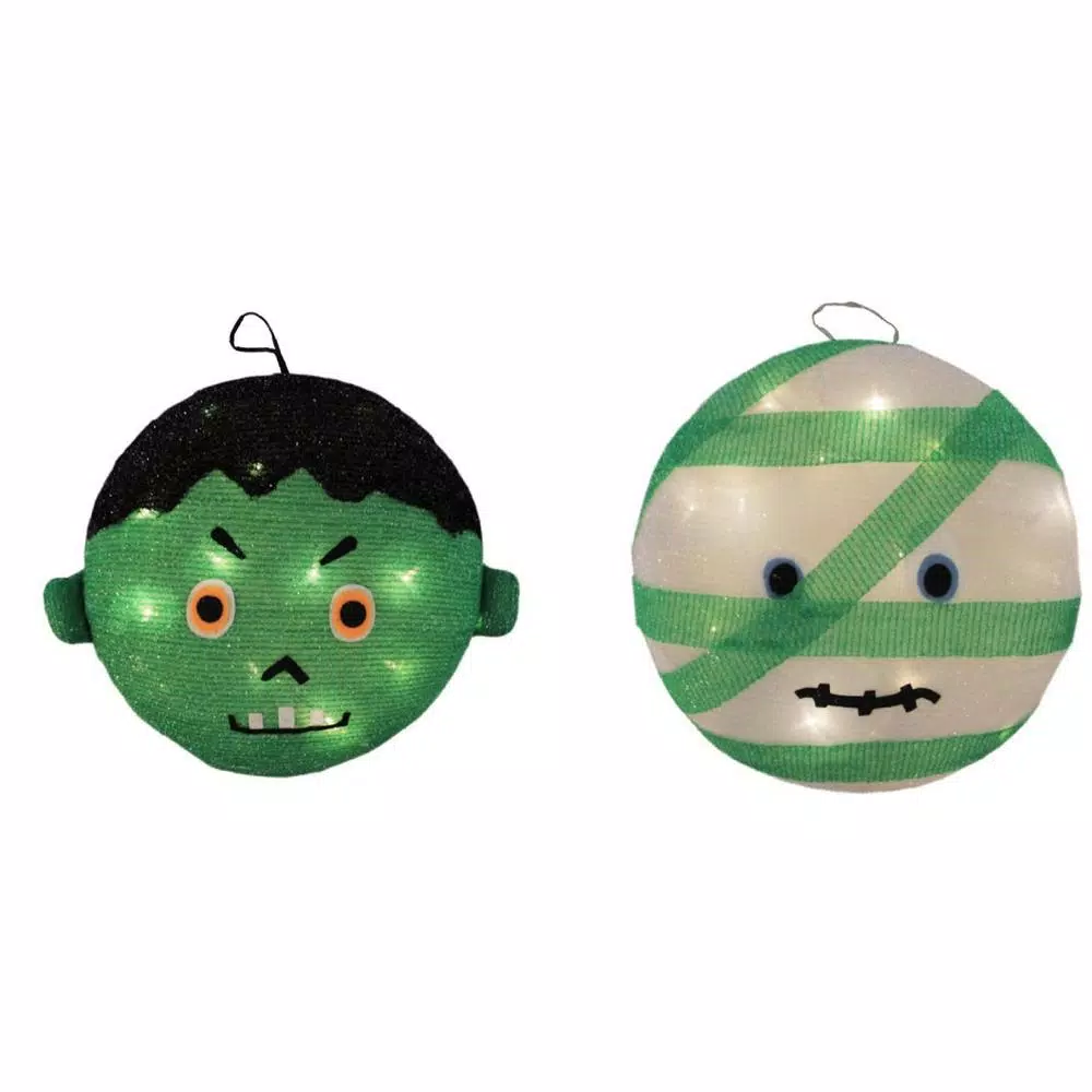 Northlight 14 in. LED Mummy and Frankenstein Halloween Hanging Decorations, Set of 2